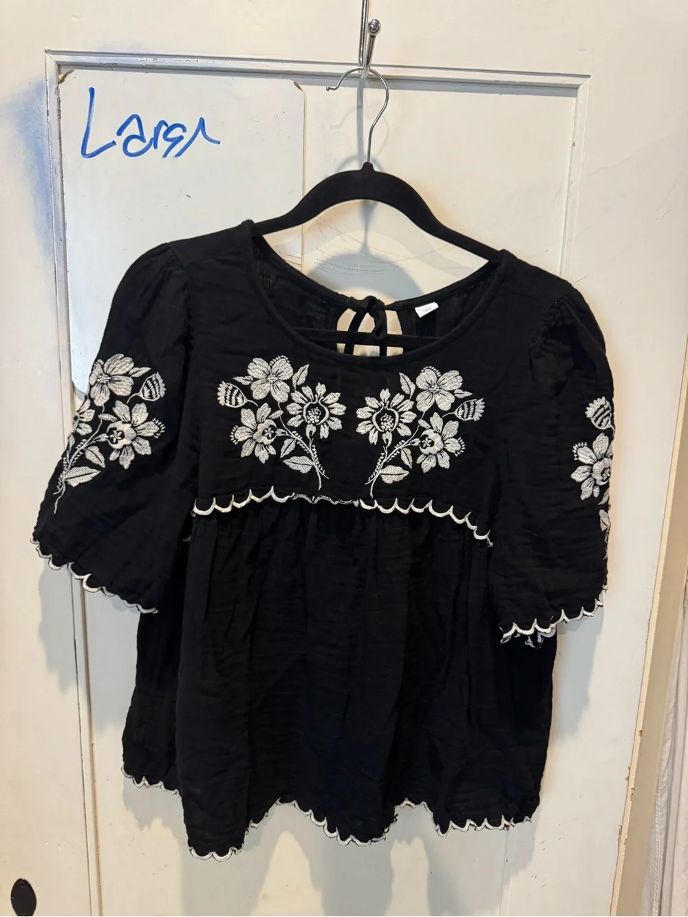 Old Navy Black Peasant Top with White Floral Embroidery